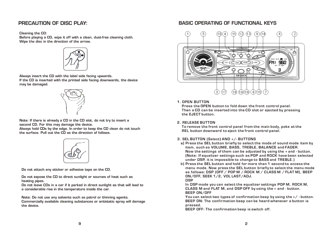 Legacy Car Audio LCD75DFX instruction manual Precaution of Disc Play, Basic Operating of Functional Keys 