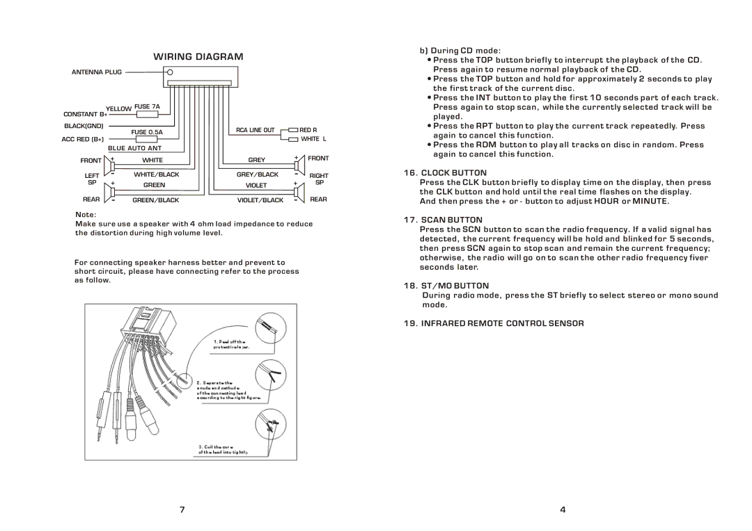 Legacy Car Audio LCD75DFX Wiring Diagram, Clock Button, Scan Button, 18. ST/MO Button, Infrared Remote Control Sensor 