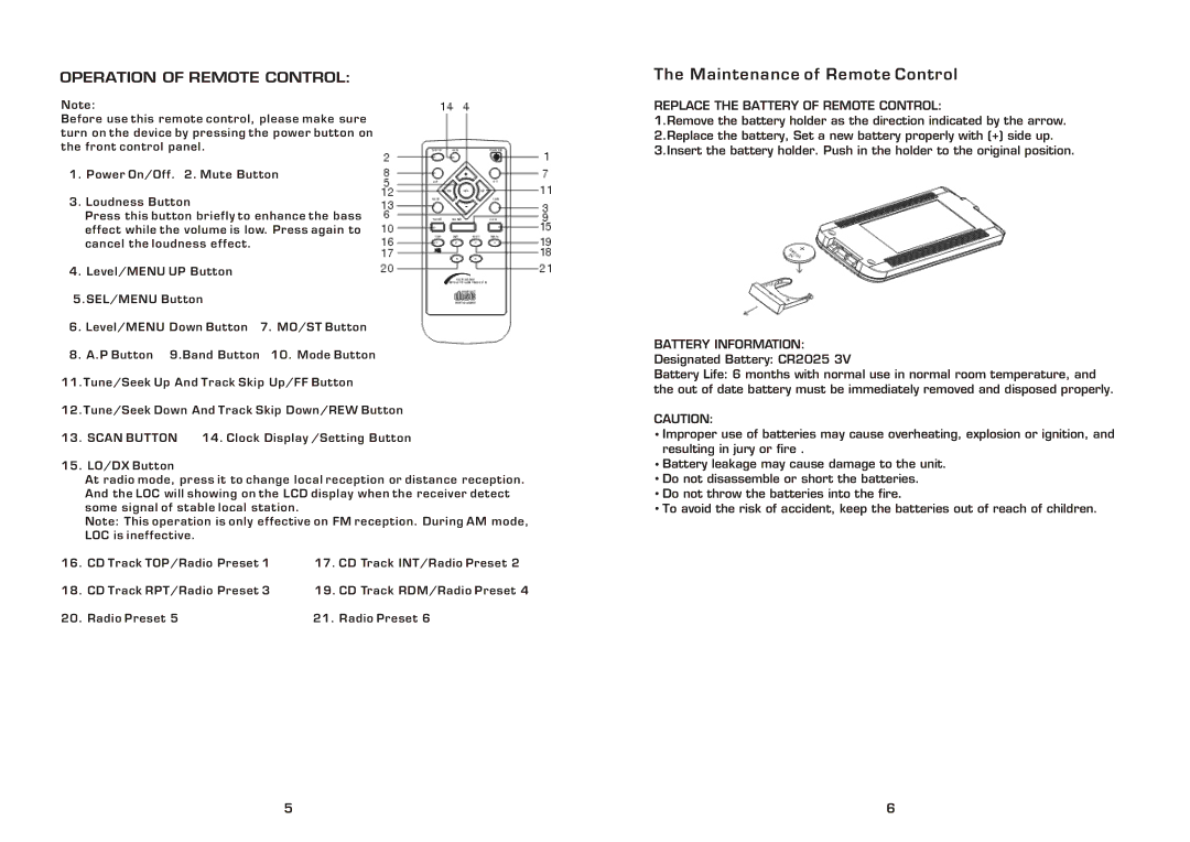 Legacy Car Audio LCD75DFX instruction manual Operation of Remote Control, Replace the Battery of Remote Control 