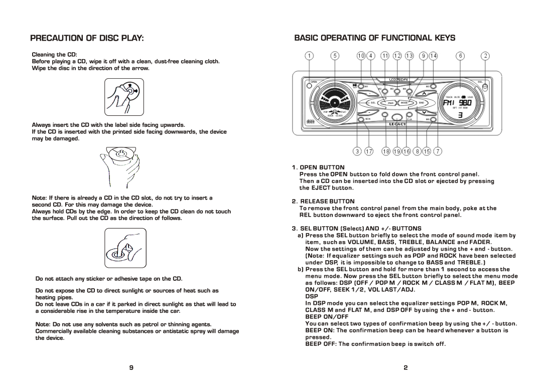 Legacy Car Audio LCD75DFX instruction manual Precaution Of Disc Play, Basic Operating Of Functional Keys 