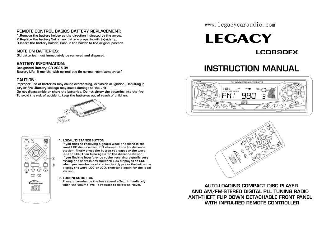 Legacy Car Audio LCD89DFX instruction manual Remote Control Basics Battery Replacement, Battery Information 