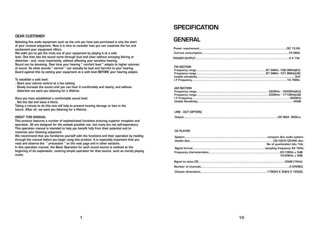 Legacy Car Audio LCD89DFX instruction manual Specification, General, Dear Customer 