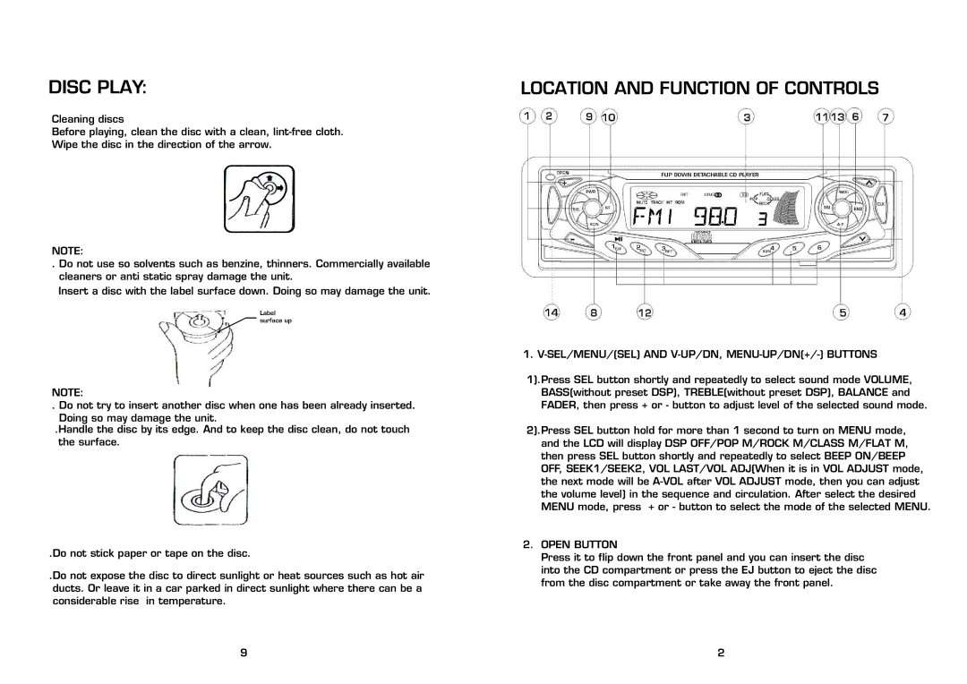 Legacy Car Audio LCD89DFX instruction manual Disc Play, SEL/MENU/SEL and V-UP/DN, MENU-UP/DN+/- Buttons, Open Button 