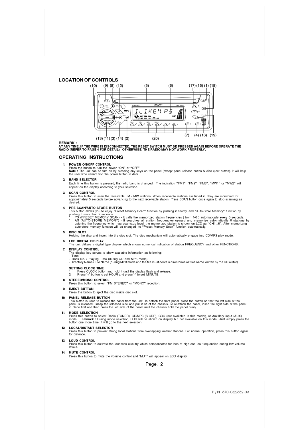 Legacy Car Audio LCD95MP3 owner manual Location of Controls, Operating Instructions 