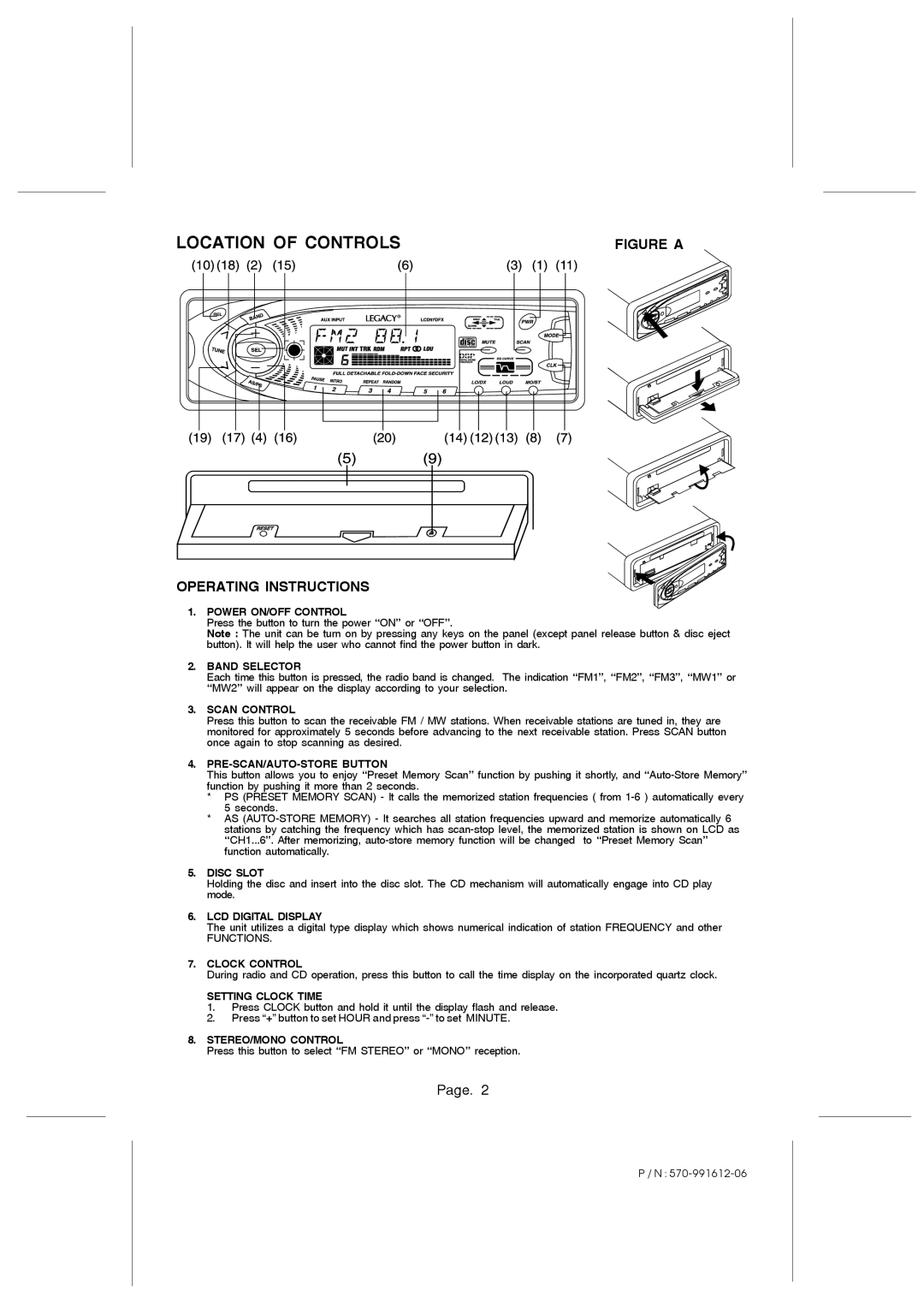 Legacy Car Audio LCD97DFX Power ON/OFF Control, Band Selector, Scan Control, PRE-SCAN/AUTO-STORE Button, Disc Slot 