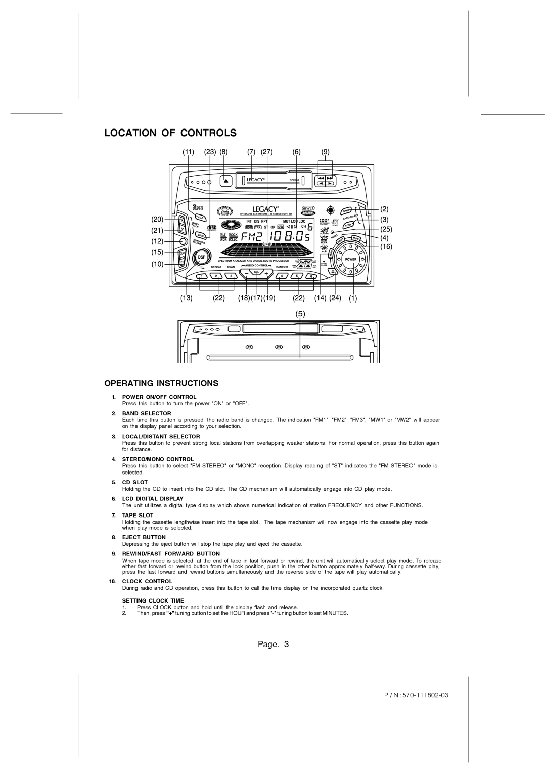 Legacy Car Audio LCDCS92 owner manual Location of Controls 