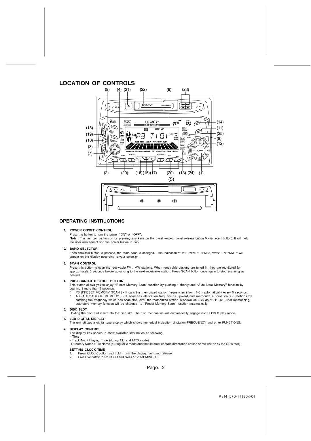 Legacy Car Audio LCDCS93MP3 owner manual Location of Controls 