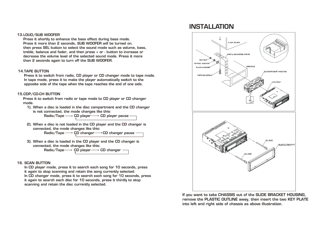 Legacy Car Audio LCDCS94 instruction manual Installation, LOUD/SUB Woofer, Tape Button, 15.CDP/CD-CH Button, Scan Button 