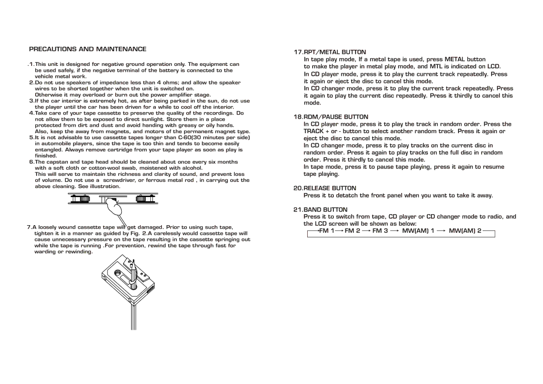 Legacy Car Audio LCDCS94 Precautions and Maintenance, 17.RPT/METAL Button, 18.RDM/PAUSE Button, Release Button 