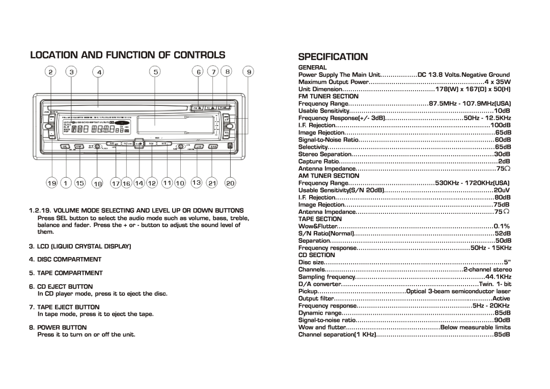 Legacy Car Audio LCDCS94 Location And Function Of Controls, Specification, Unit Dimension, Frequency Range 