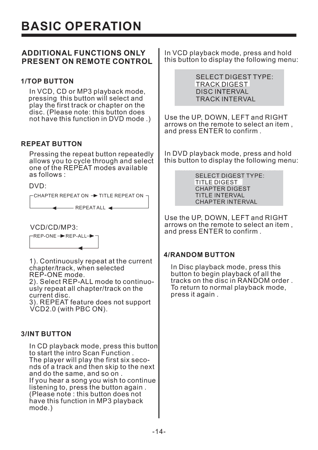 Legacy Car Audio LD63MU Additional Functions only Present on Remote Control, TOP Button, Repeat Button, INT Button 