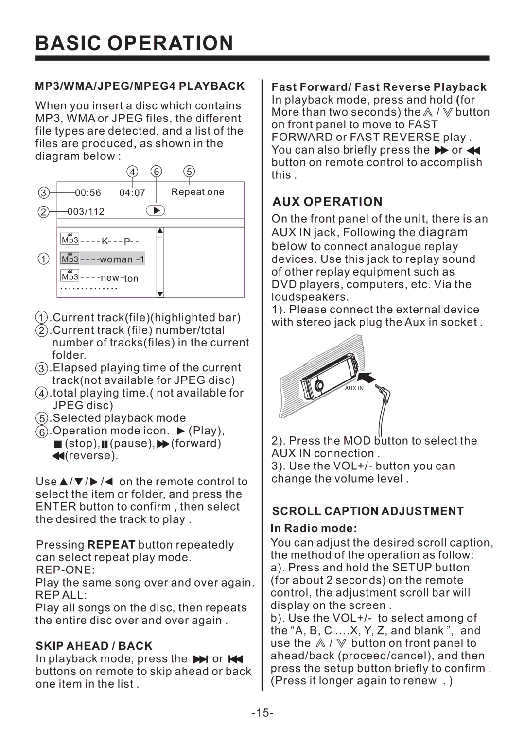 Legacy Car Audio LD63MU AUX Operation, MP3/WMA/JPEG/MPEG4 Playback, Skip Ahead / Back, Scroll Caption Adjustment 