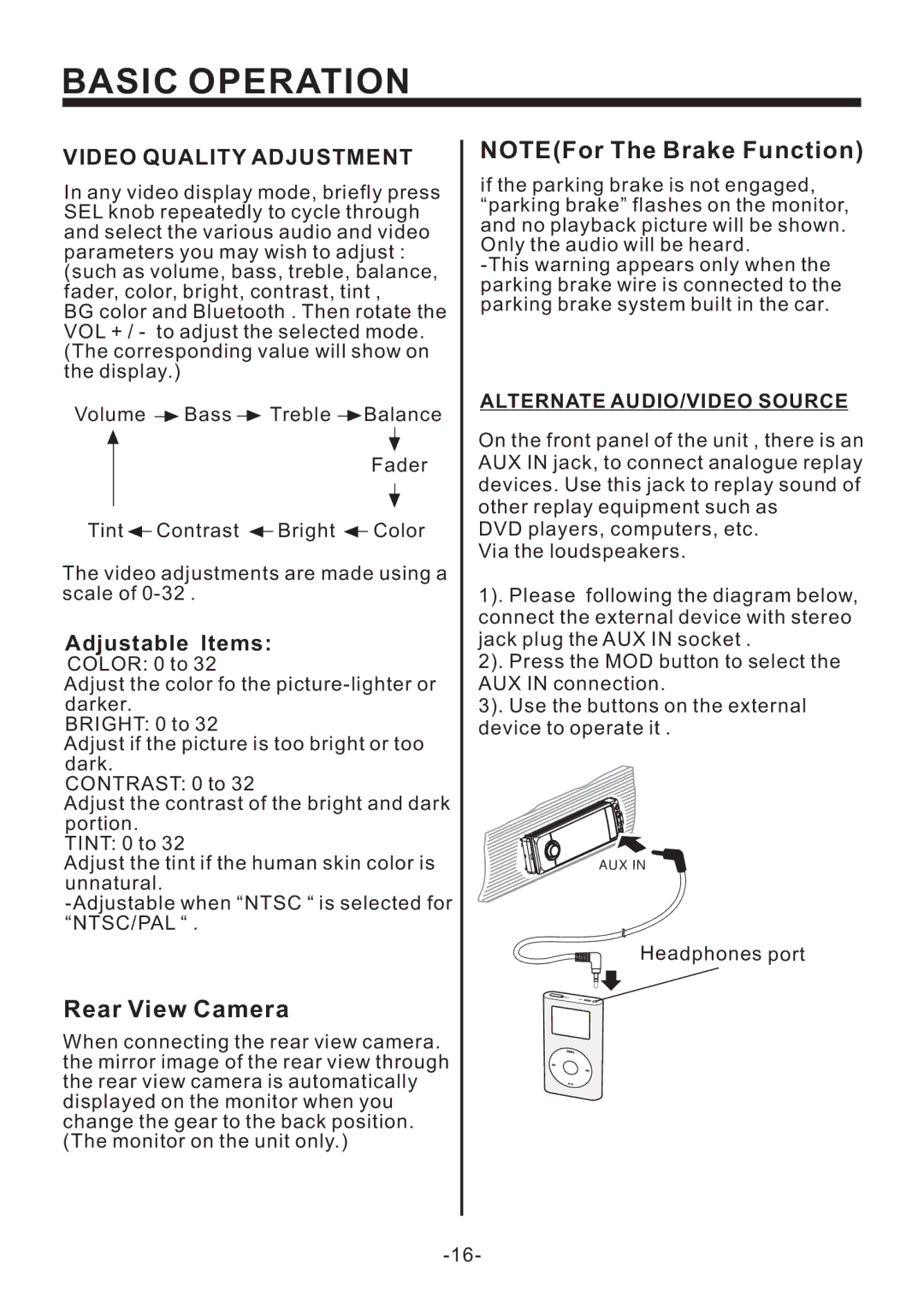 Legacy Car Audio LD63MU owner manual Video Quality Adjustment, Adjustable Items, Alternate AUDIO/VIDEO Source 