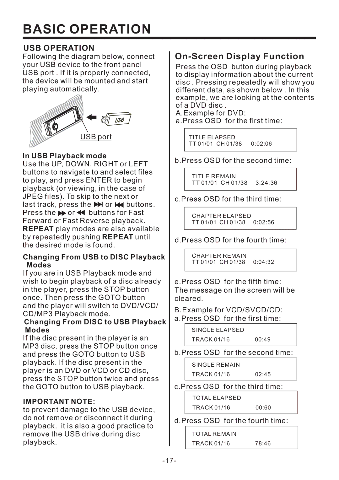 Legacy Car Audio LD63MU USB Operation, USB Playback mode, Changing From USB to Disc Playback Modes, Important Note 