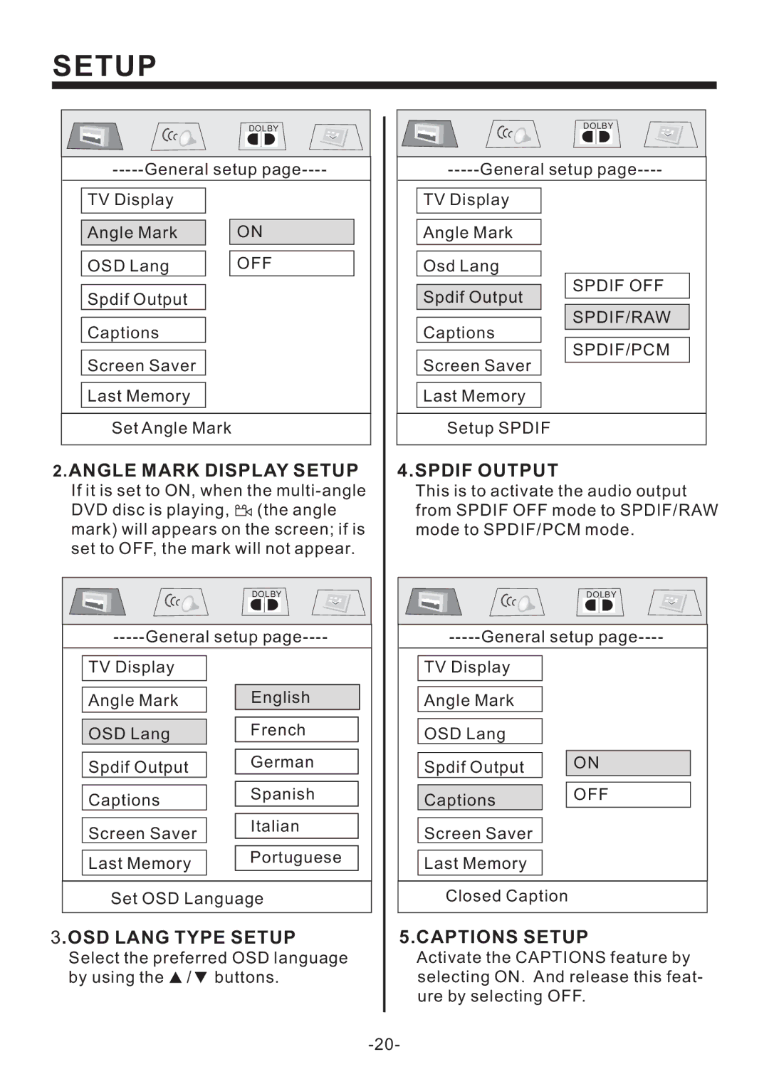 Legacy Car Audio LD63MU owner manual Angle Mark Display Setup, Spdif Output, OSD Lang Type Setup, Captions Setup 