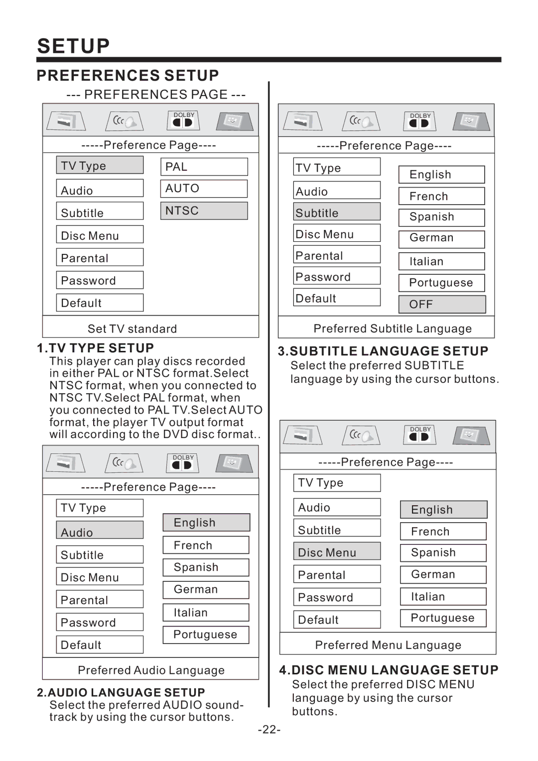 Legacy Car Audio LD63MU owner manual TV Type Setup, Subtitle Language Setup, Disc Menu Language Setup 