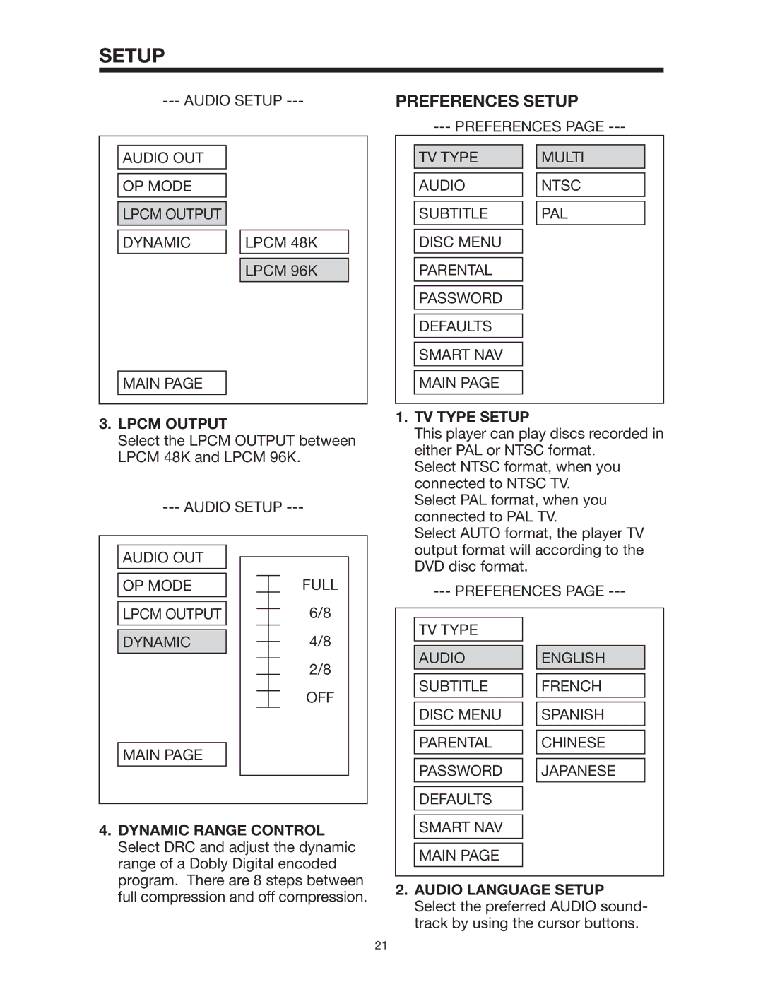 Legacy Car Audio LDCS 91 owner manual Preferences Setup, Lpcm Output, Audio Setup Audio OUT Full OP Mode, Dynamic OFF Main 