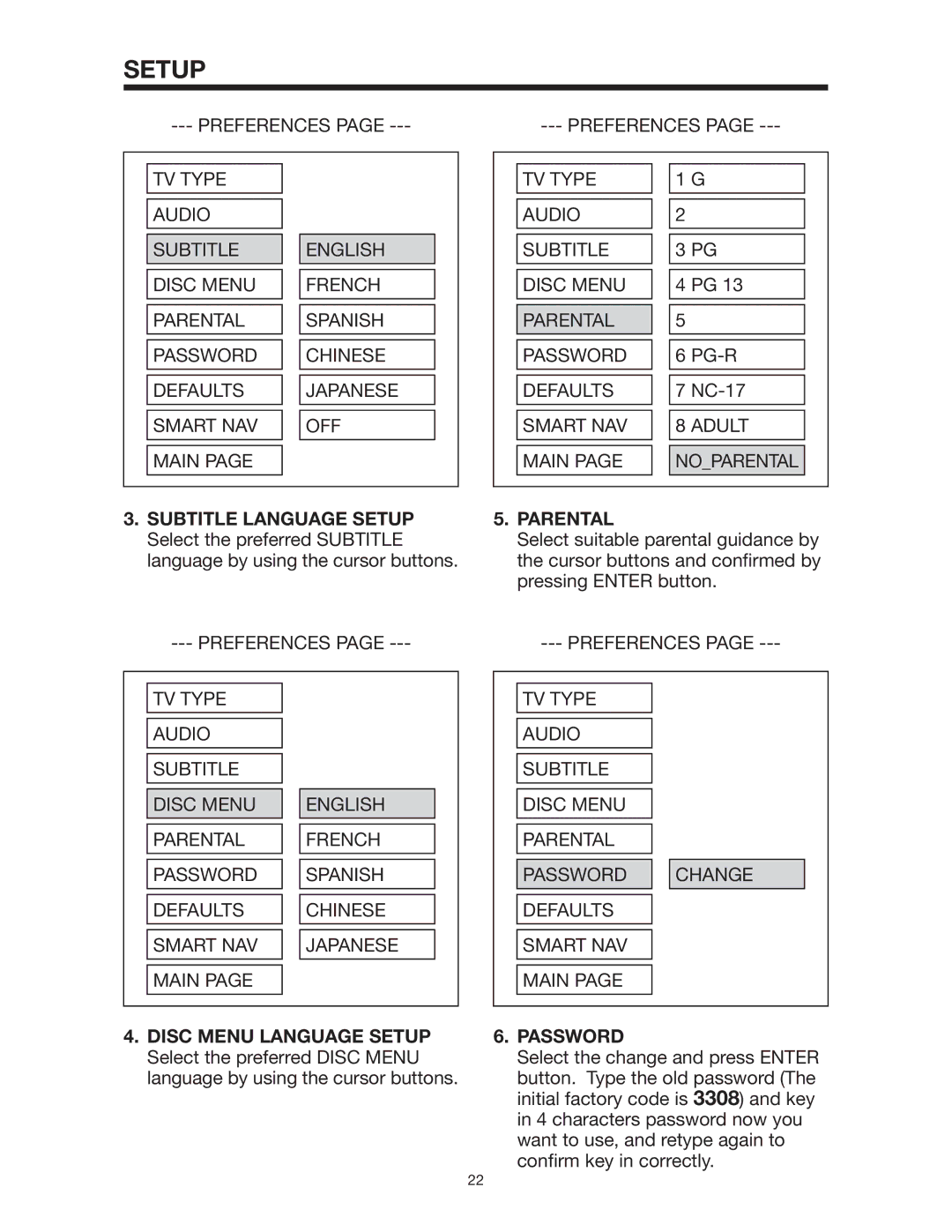 Legacy Car Audio LDCS 91 owner manual TV Type Audio Subtitle Disc Menu Parental Password, Smart NAV Adult Main 