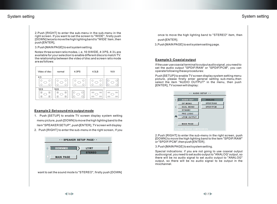 Legacy Car Audio LDVD52 operating instructions Example 2Set sound mix output mode, Example 3 Coaxial output 