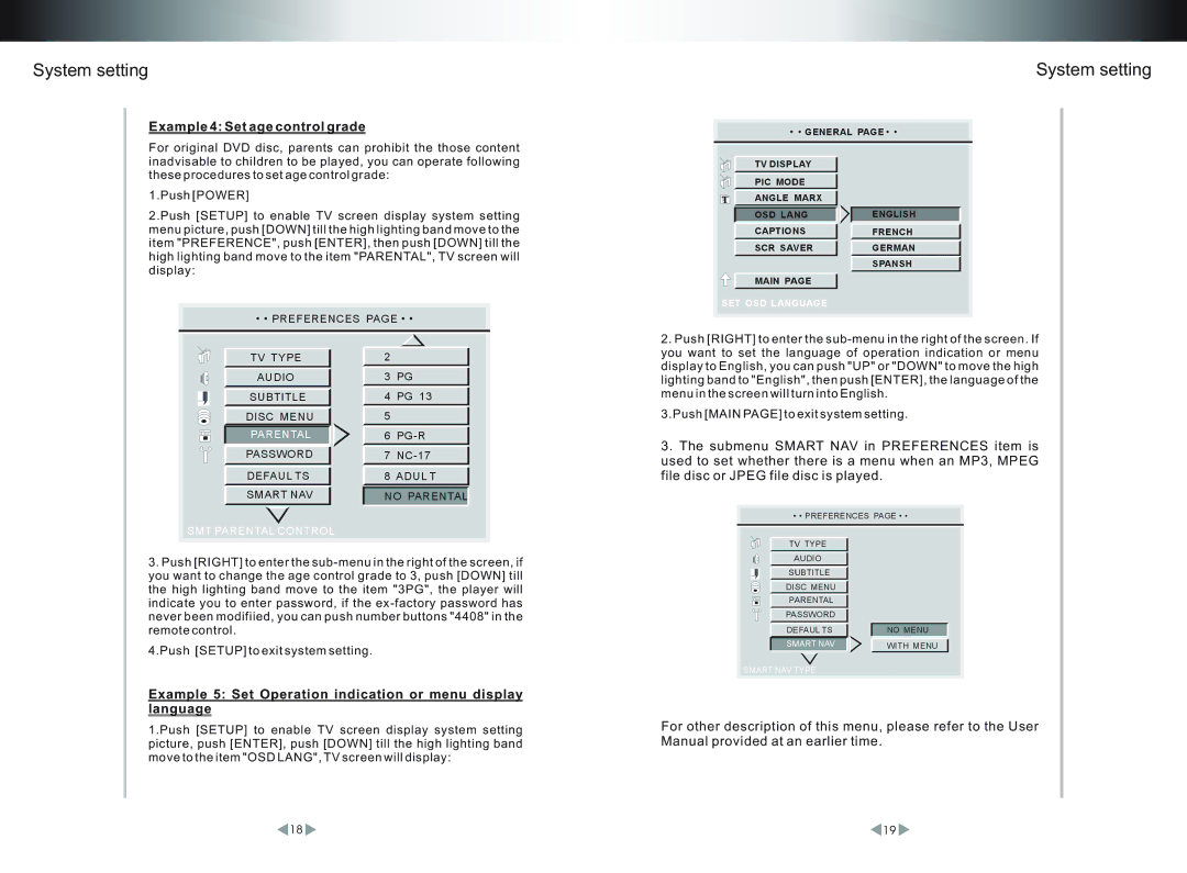 Legacy Car Audio LDVD52 Example 4 Set age control grade, Example 5 Set Operation indication or menu display language 