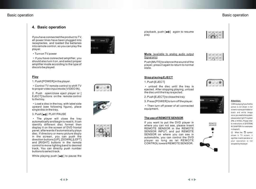 Legacy Car Audio LDVD52 operating instructions Basic operation, Play, Stop playing Eject, Use of Remote Sensor 