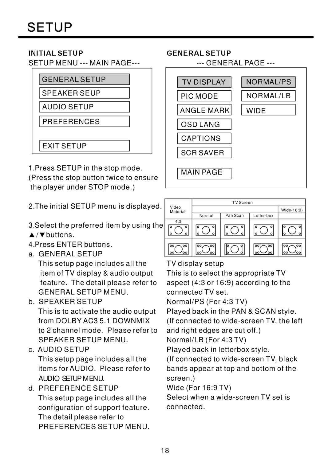 Legacy Car Audio LDVD84 owner manual Initial Setup, General Setup 