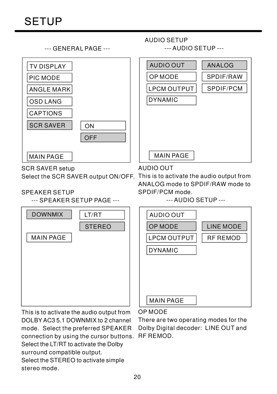 Legacy Car Audio LDVD84 owner manual Speaker Setup, Audio Setup, Main OP Mode 