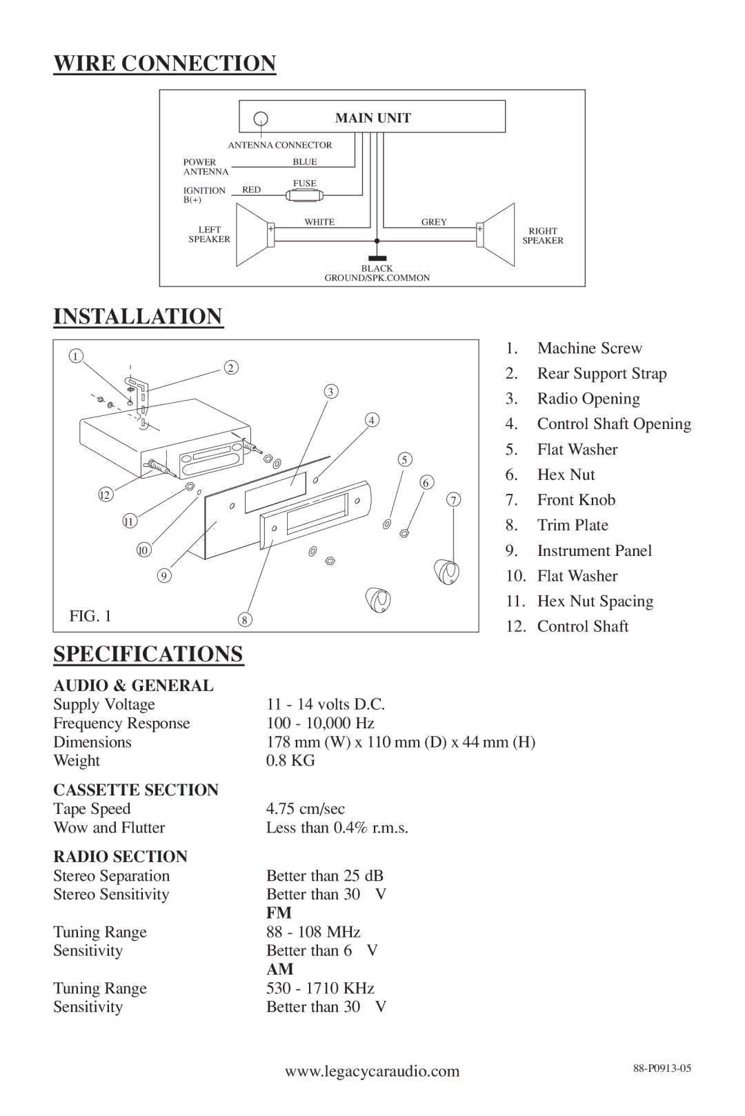 Legacy Car Audio LR121SX owner manual Wire Connection, Installation, Specifications 