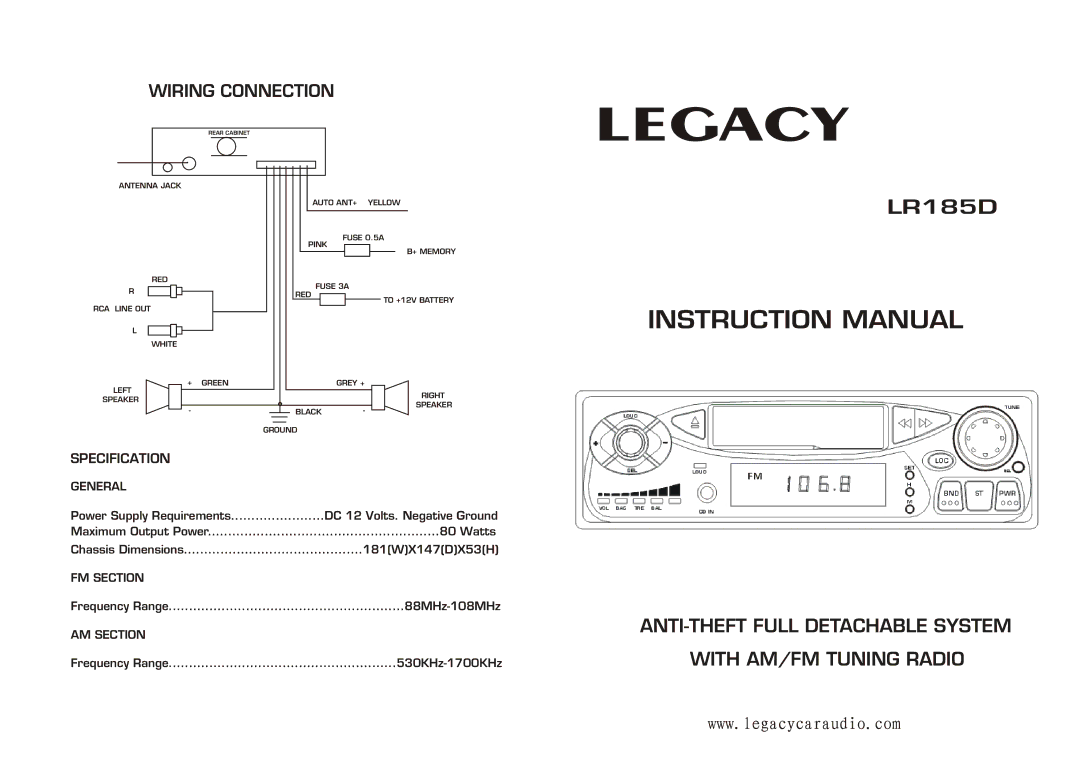 Legacy Car Audio LR185D instruction manual General, FM Section, AM Section 