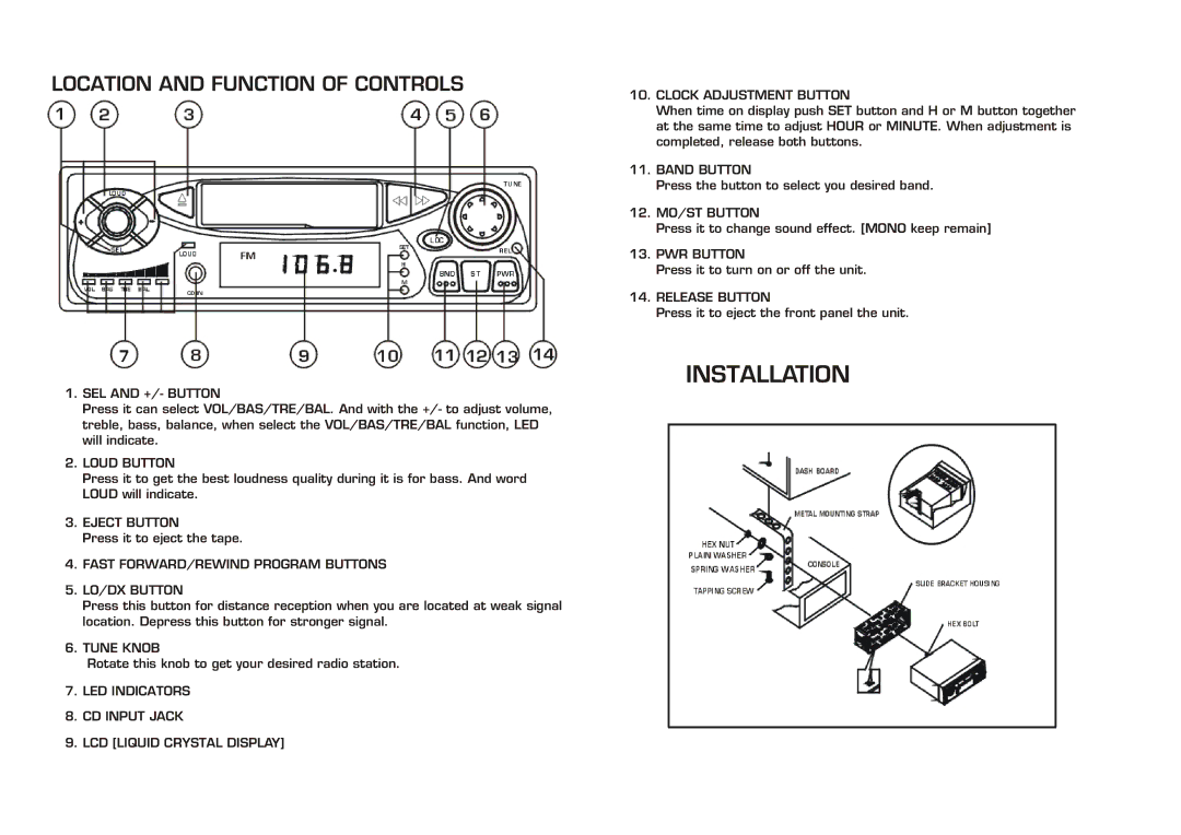 Legacy Car Audio LR185D Clock Adjustment Button, Band Button, 12. MO/ST Button, PWR Button, Release Button, Loud Button 