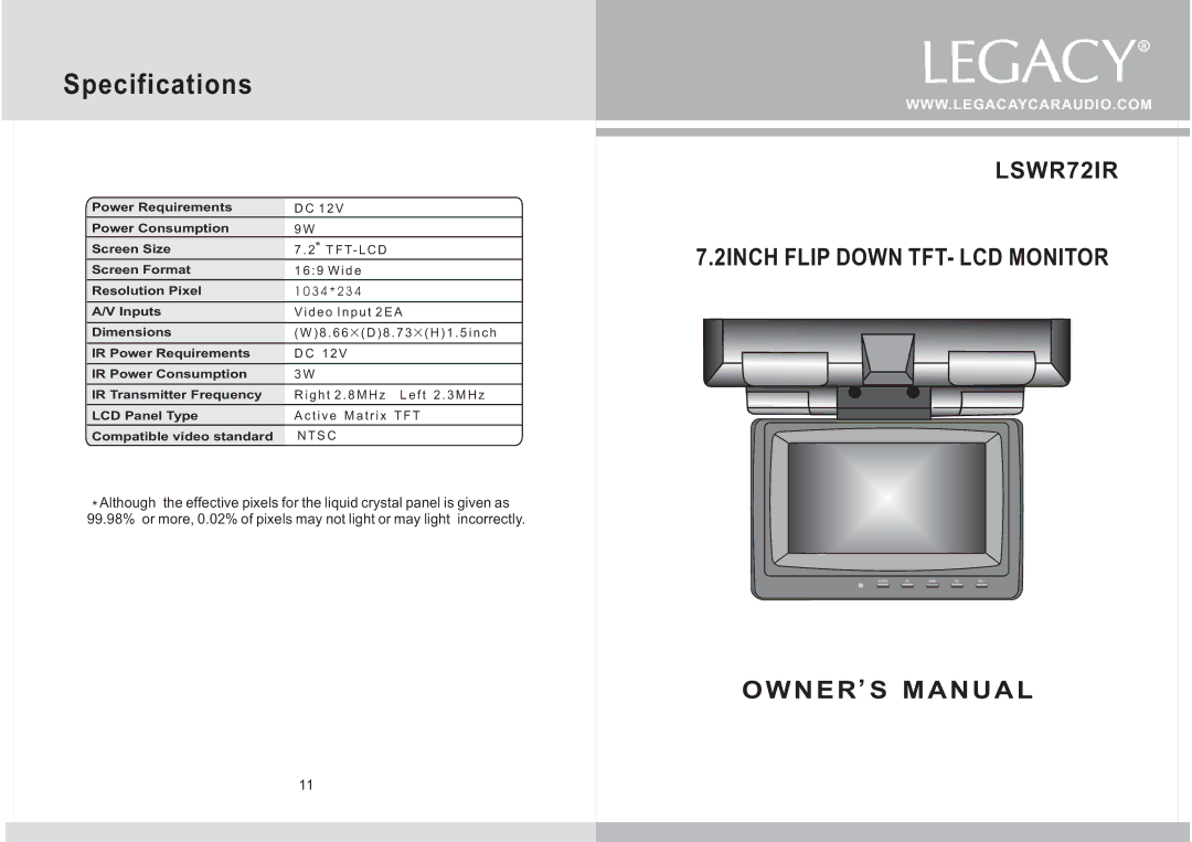 Legacy Car Audio LSWR72IR specifications N E R, S M a N U a L, Specifications 