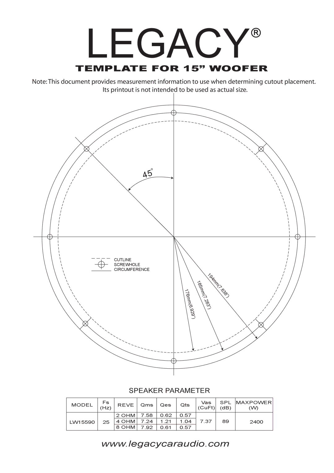 Legacy Car Audio LW15590 manual Legacyr, Template for 15 Woofer 