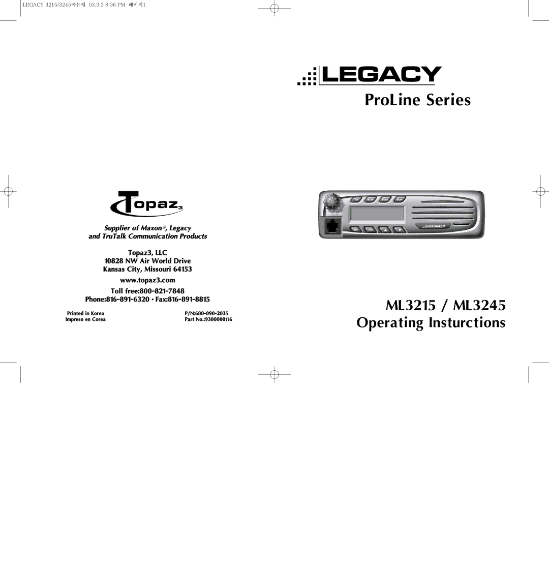 Legacy Car Audio ML3245, ML3215 manual N680-090-2035, Impreso en Corea Part No.9300000116 