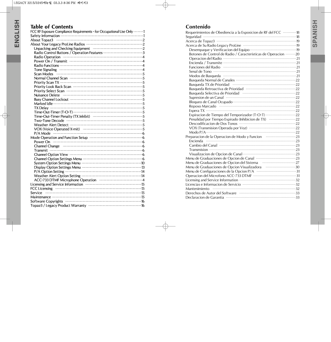 Legacy Car Audio ML3215, ML3245 manual English, Spanish, Table of Contents, Contenido 