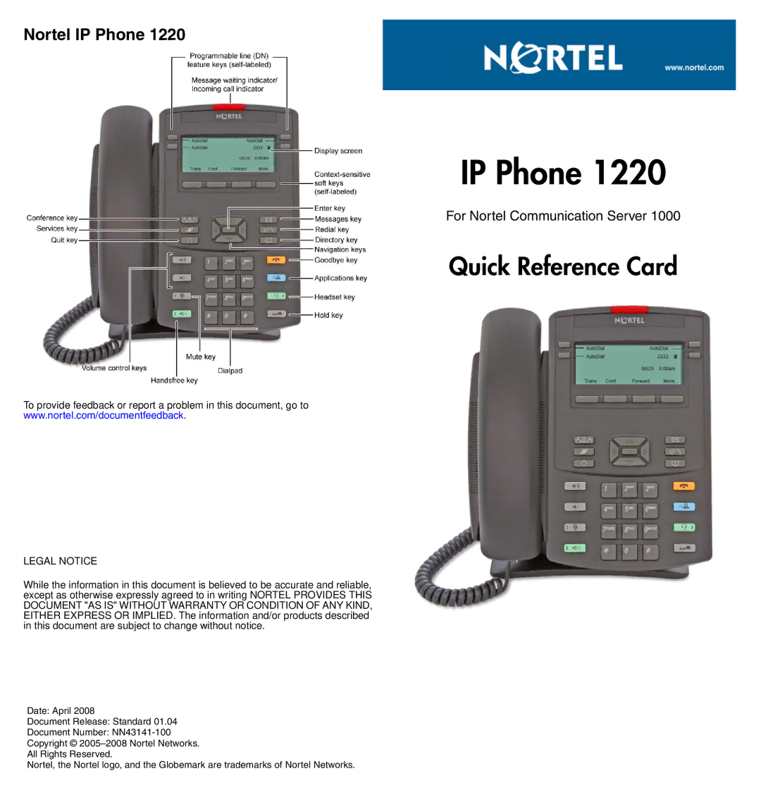 Legend Audio 1220 manual Nortel IP Phone, Legal Notice 