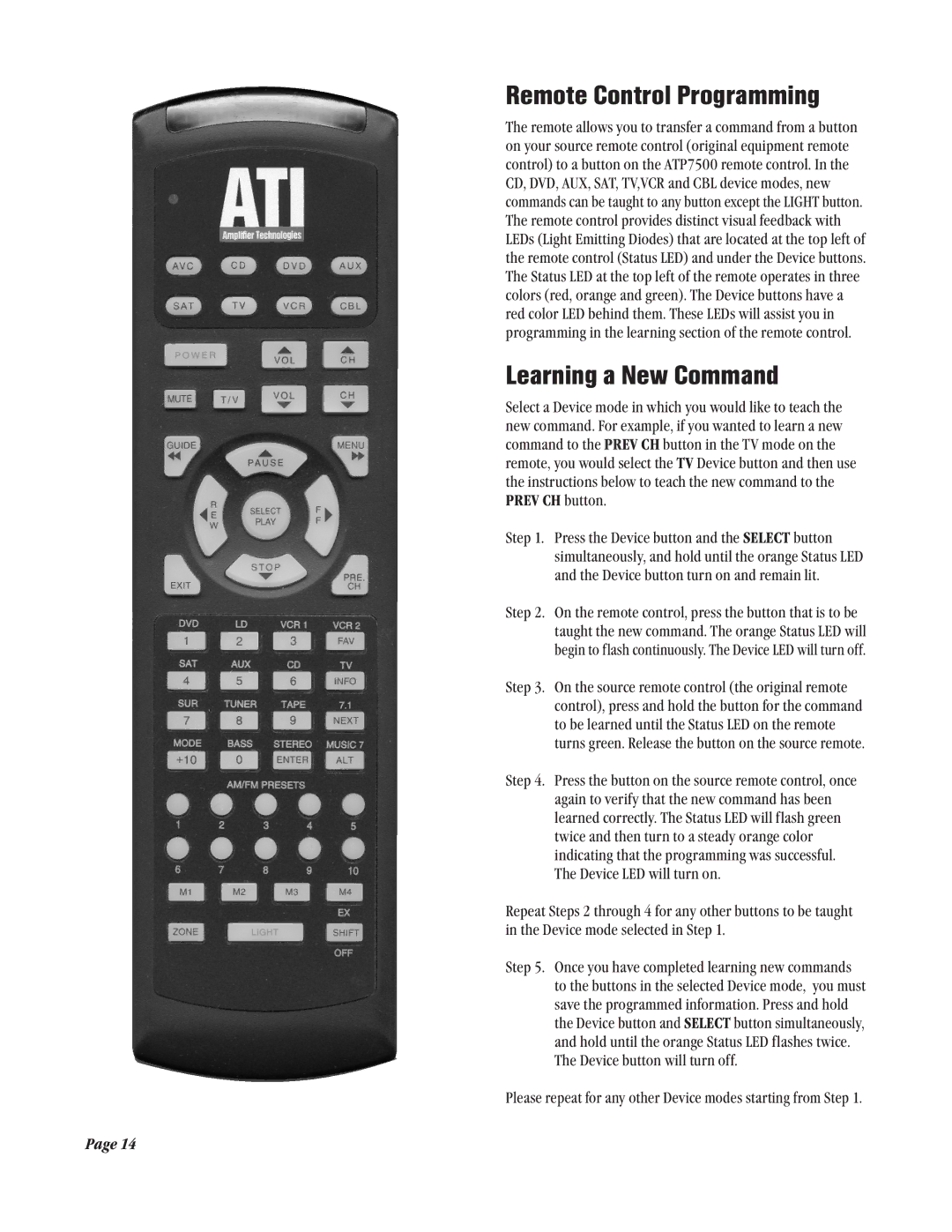 Legend Audio ATP 7500 manual Remote Control Programming, Learning a New Command 