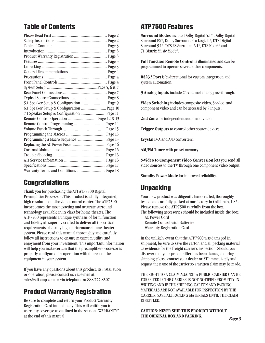 Legend Audio ATP 7500 manual Table of Contents, Congratulations, Product Warranty Registration, ATP7500 Features, Unpacking 