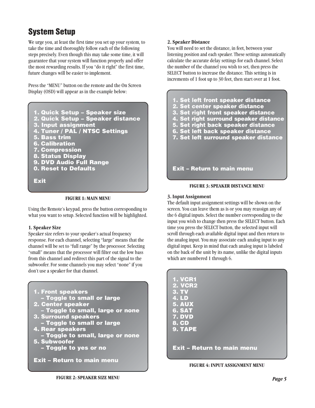 Legend Audio ATP 7500 manual System Setup, Speaker Size, Speaker Distance, Input Assignment 