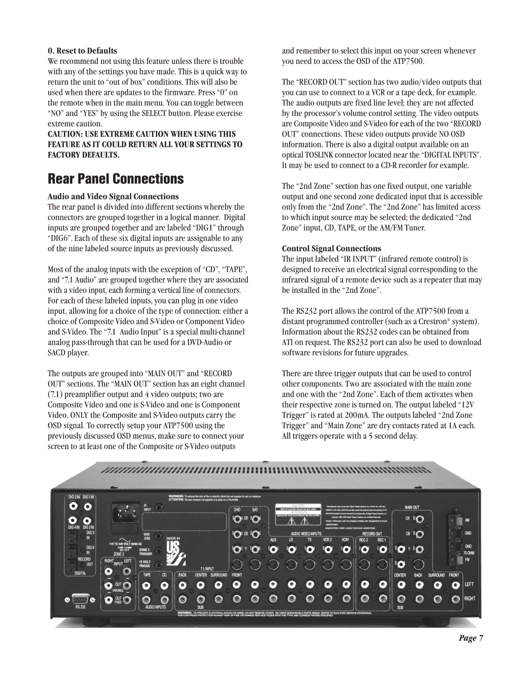 Legend Audio ATP 7500 manual Rear Panel Connections, Reset to Defaults, Audio and Video Signal Connections 