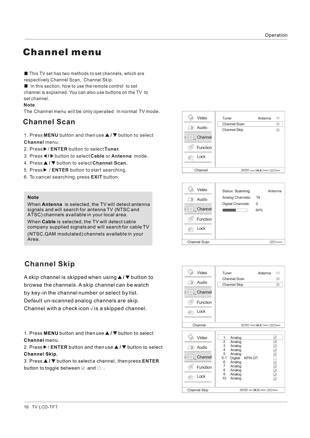 Legend Audio L4269 manual Channel menu, Channel Scan, Channel Skip 