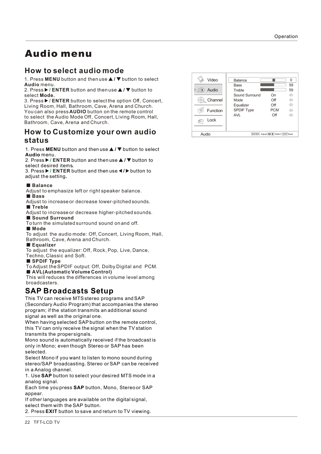 Legend Audio L4269 Audio menu, How to select audio mode, How to Customize your own audio status, SAP Broadcasts Setup 