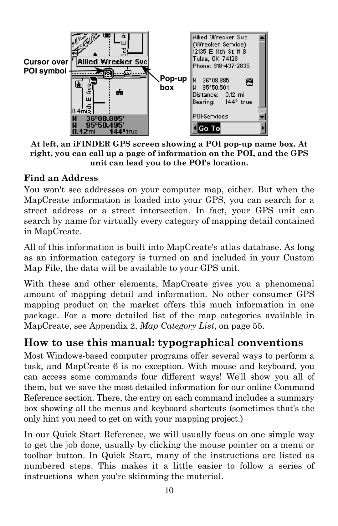 LEI Electronics 6 How to use this manual typographical conventions, Cursor over POI symbol Pop-up box 