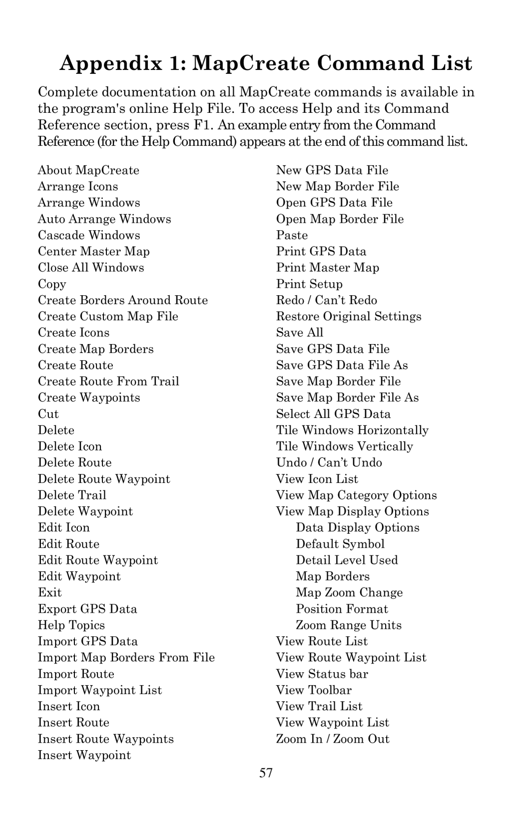 LEI Electronics 6 manual Appendix 1 MapCreate Command List 