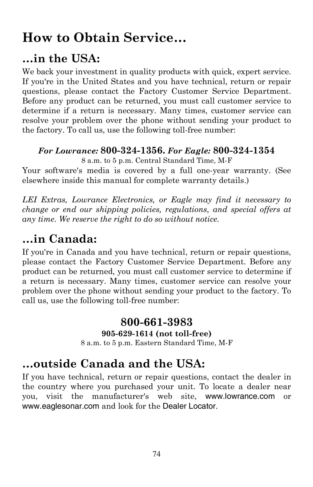 LEI Electronics manual How to Obtain Service…, For Lowrance 800-324-1356. For Eagle 