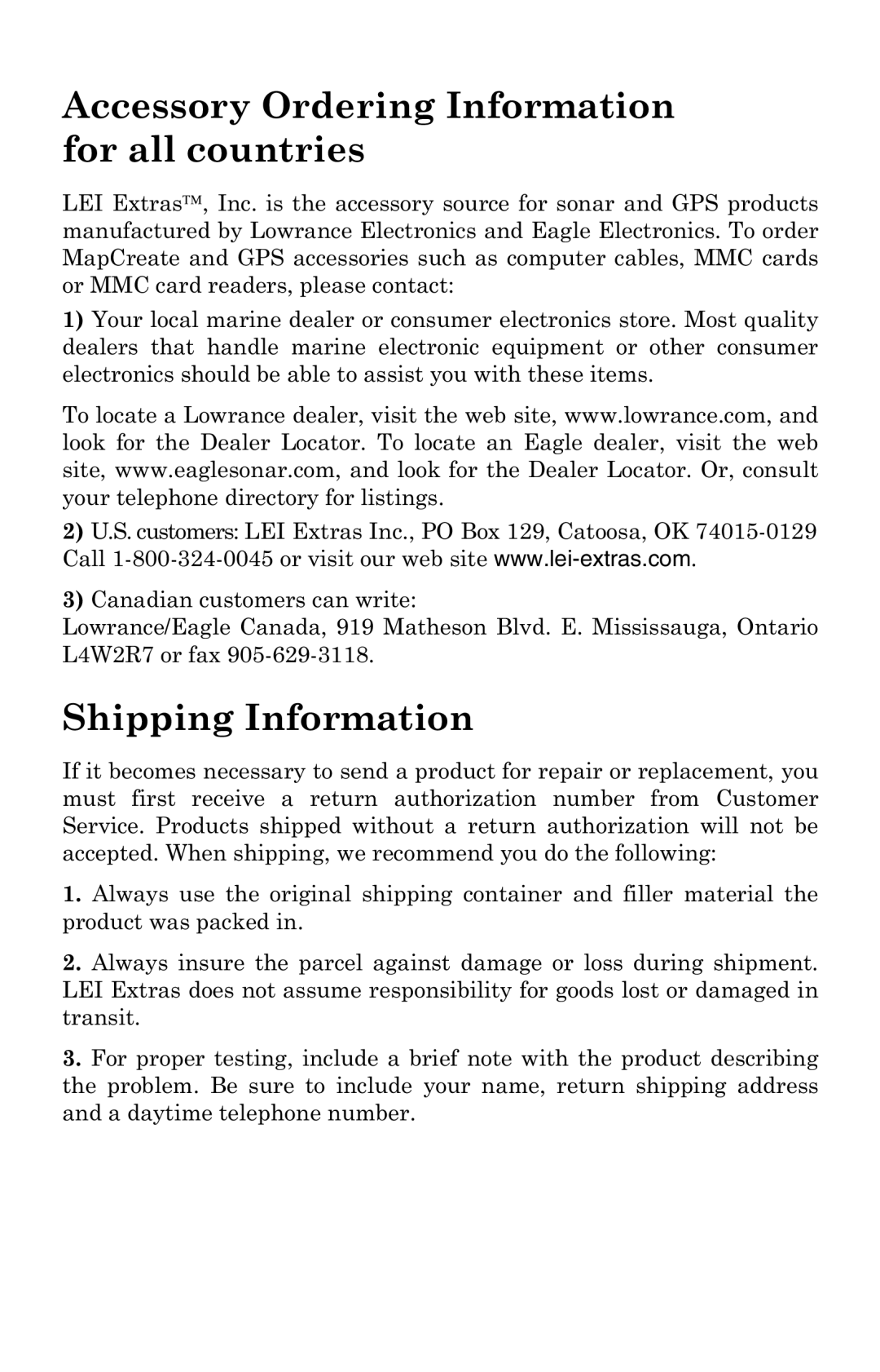 LEI Electronics 6 manual Accessory Ordering Information for all countries 