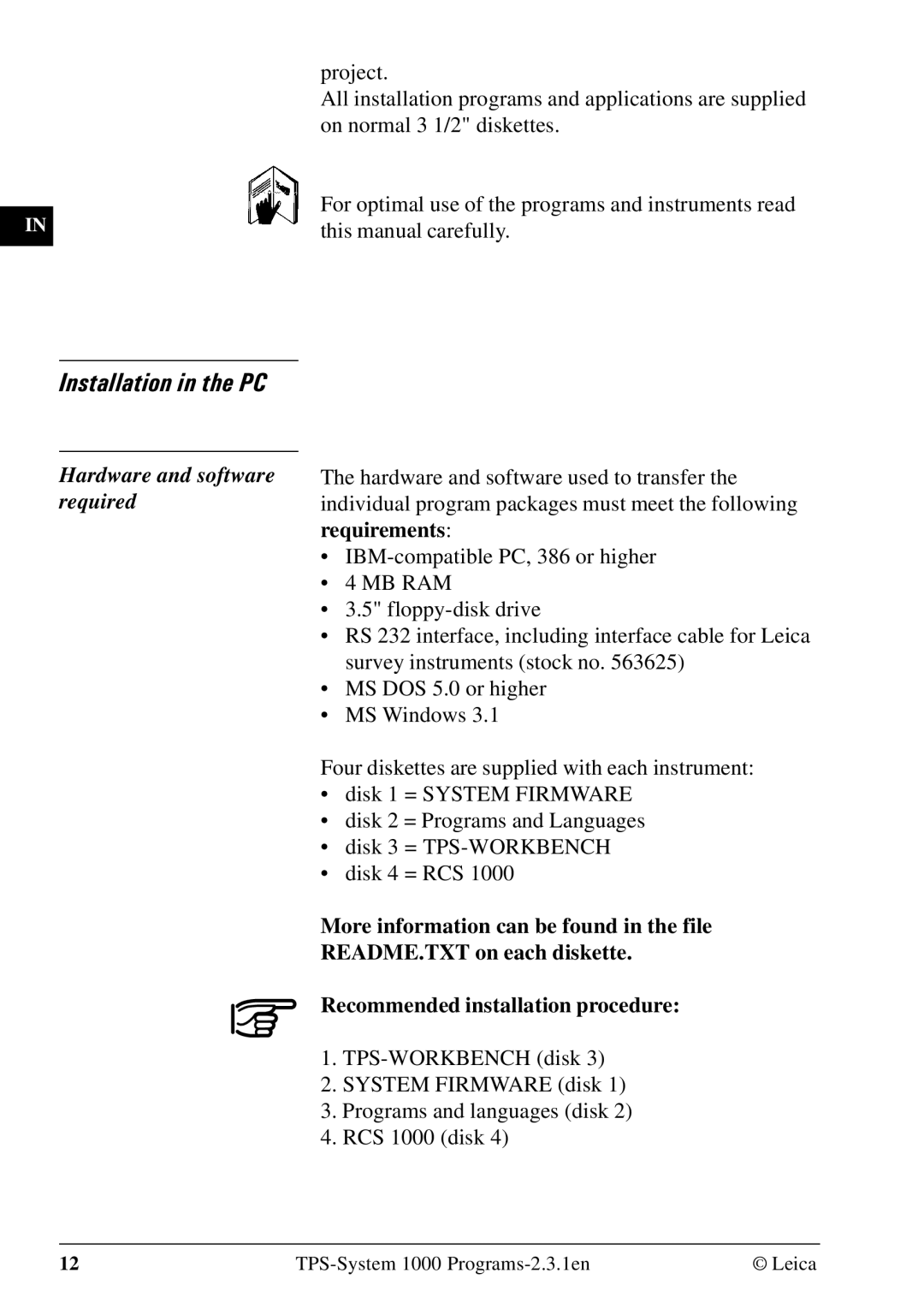 Leica 1000Z01 user manual Installation in the PC, Hardware and software required 