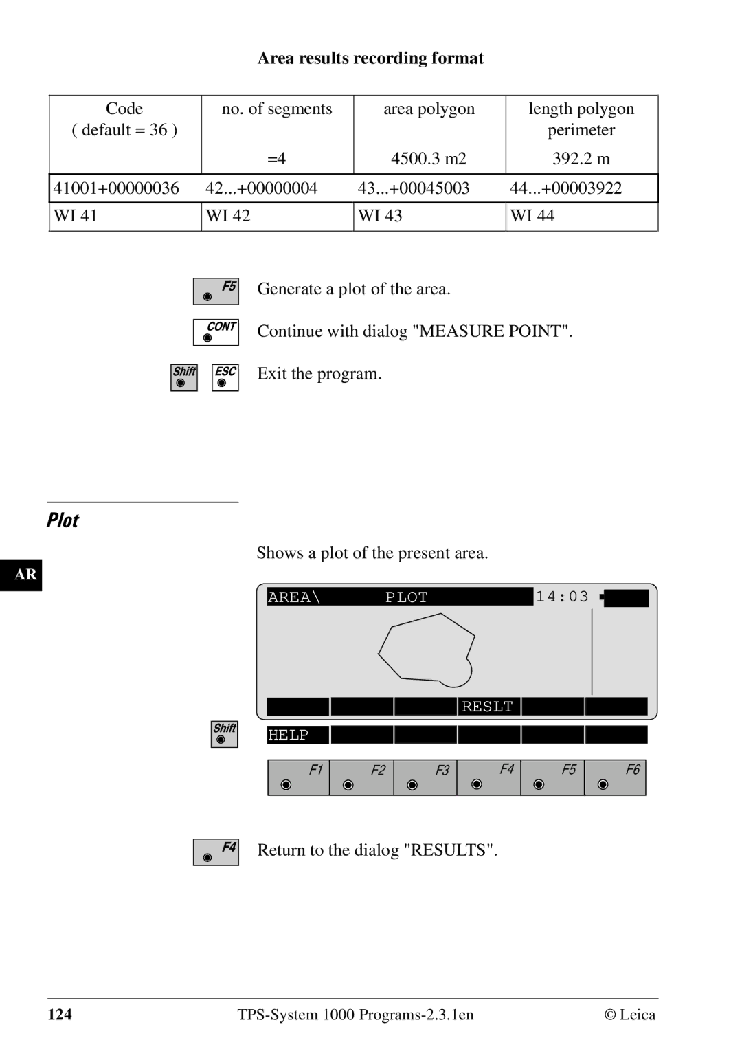 Leica 1000Z01 user manual Area results recording format, Shows a plot of the present area, Return to the dialog Results 