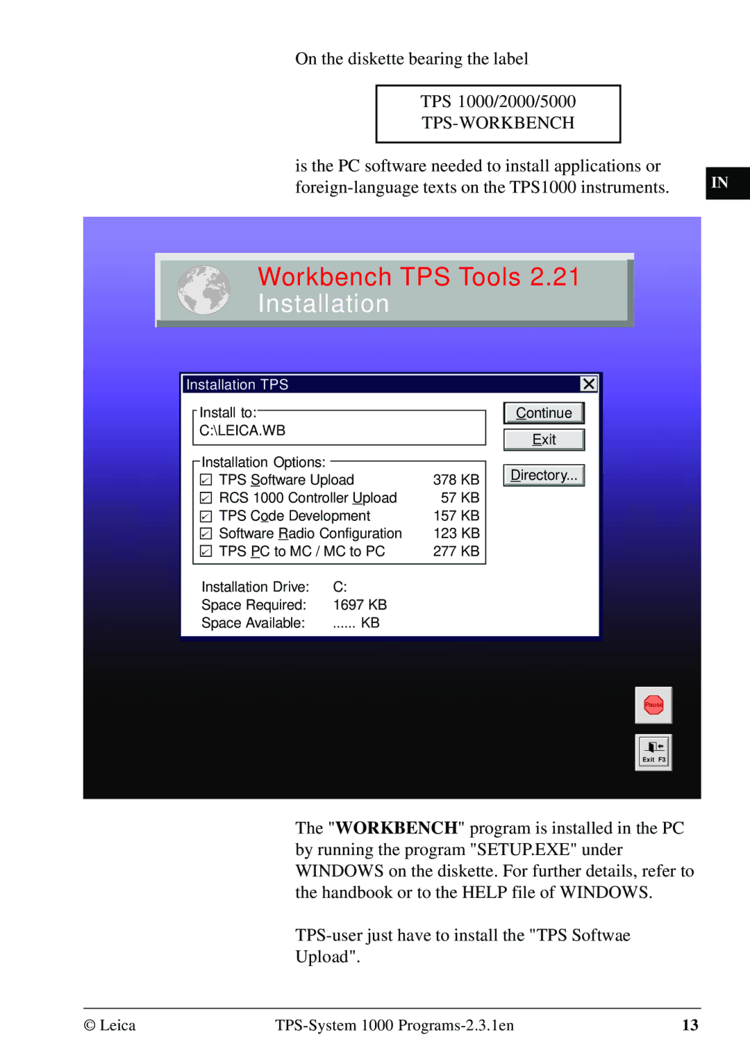 Leica 1000Z01 user manual On the diskette bearing the label TPS 1000/2000/5000, Tps-Workbench 