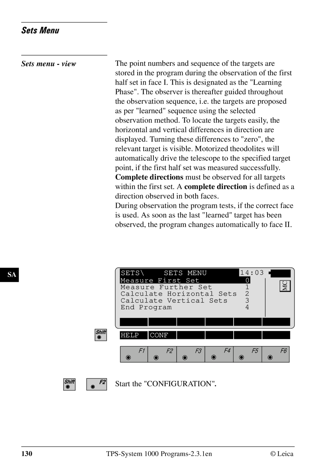 Leica 1000Z01 user manual Sets Menu, Sets menu view 