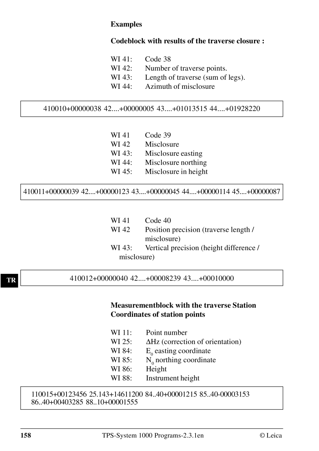 Leica 1000Z01 Examples Codeblock with results of the traverse closure, Number of traverse points, Azimuth of misclosure 